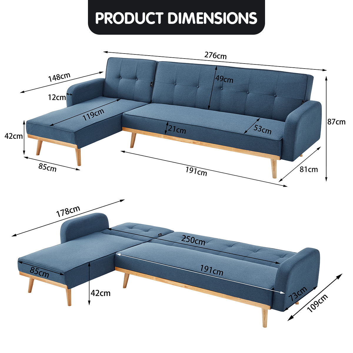 Sarantino 3-Seater Corner Sofa Bed with Chaise Lounge - Blue-Furniture > Sofas-PEROZ Accessories