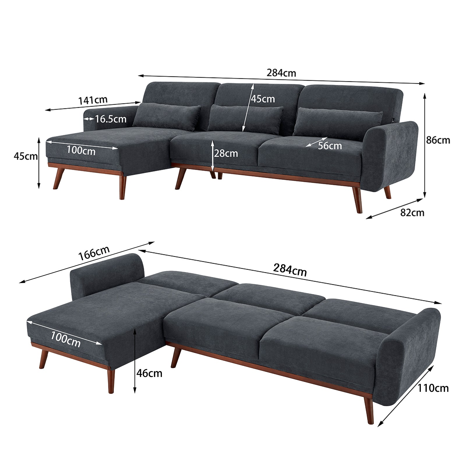Sarantino Faux Velvet Sofa Bed Couch Lounge Chaise Cushions Dark Grey-Furniture > Sofas-PEROZ Accessories