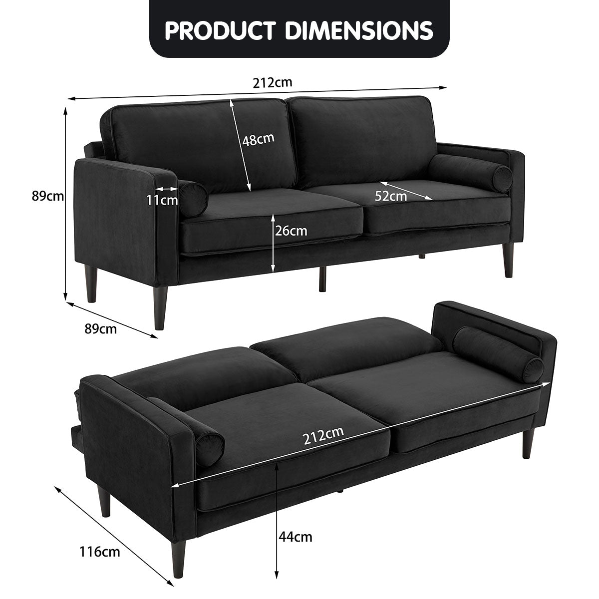 Sarantino Faux Velvet Sofa Bed Couch Furniture Lounge Suite - Black-Furniture > Sofas-PEROZ Accessories