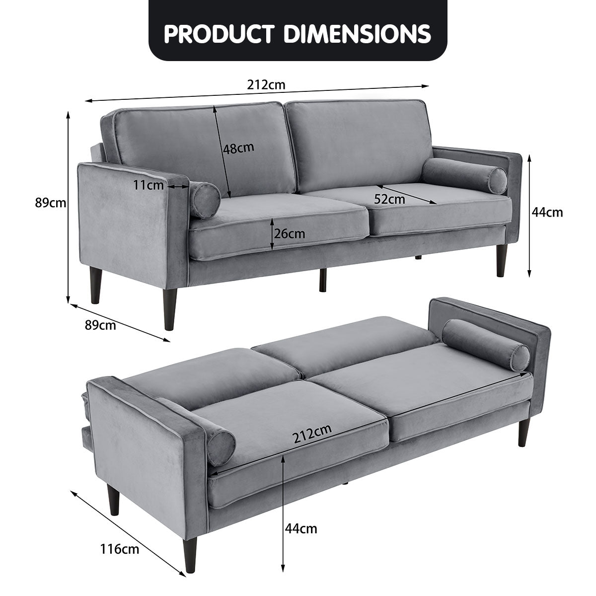 Sarantino Faux Velvet Sofa Bed Couch Furniture Lounge Suite Seat Grey-Furniture > Sofas-PEROZ Accessories