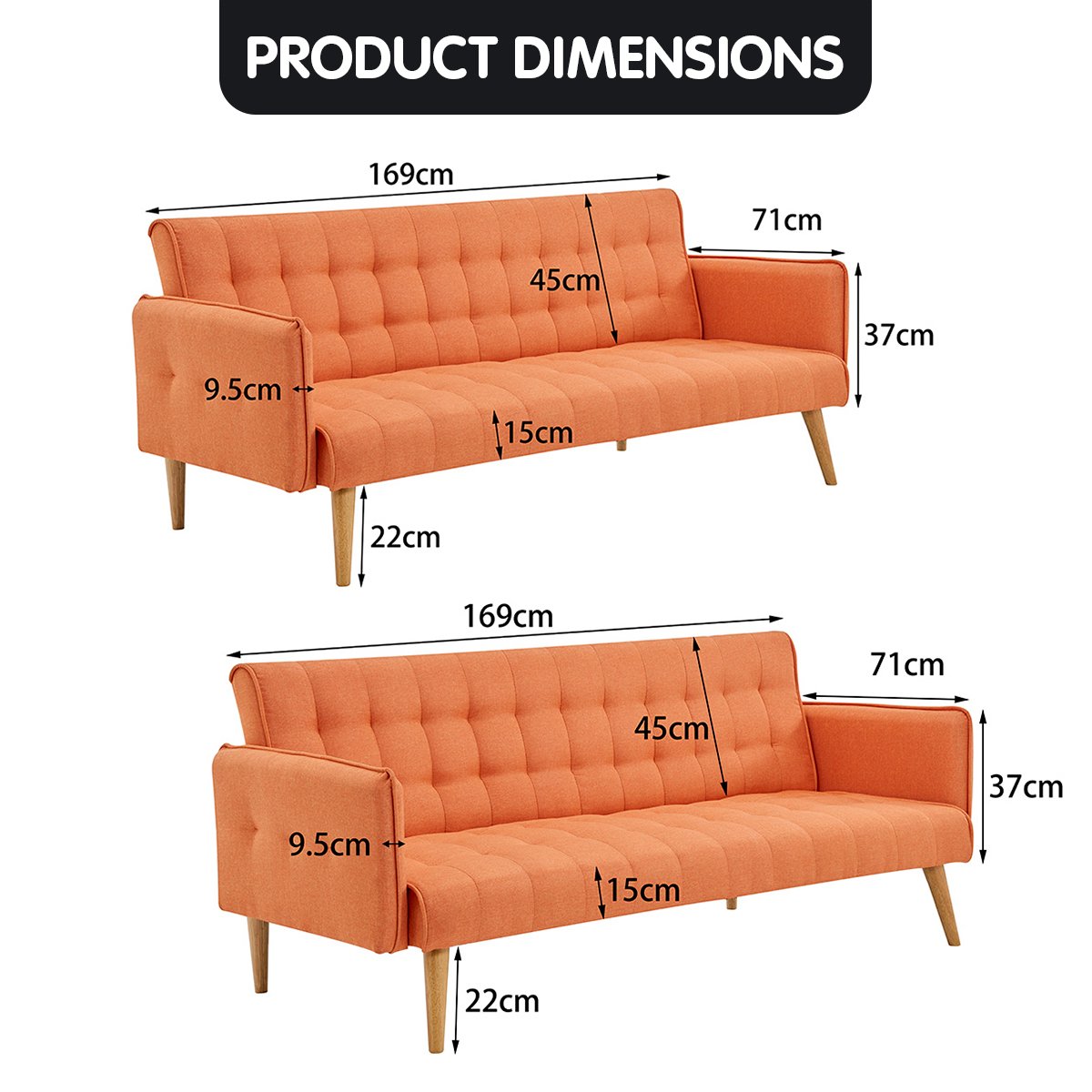 Sarantino 3 Seater Modular Linen Fabric Sofa Bed Couch Armrest Orange-Furniture > Sofas-PEROZ Accessories