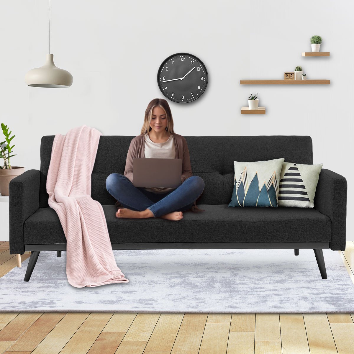 Sarantino Tufted Faux Linen 3-Seater Sofa Bed with Armrests - Black-Furniture > Sofas-PEROZ Accessories