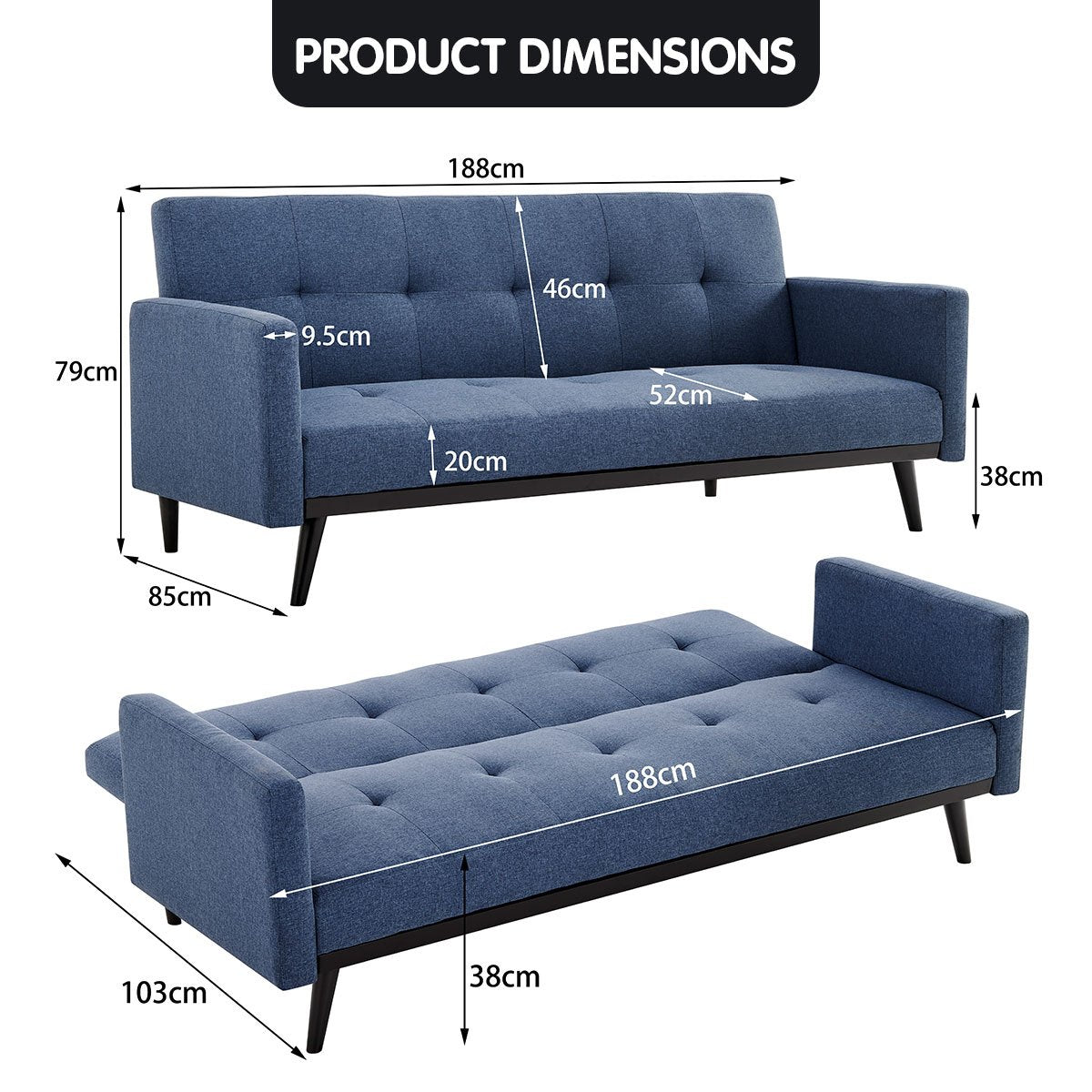 Sarantino Tufted Faux Linen 3-Seater Sofa Bed with Armrests - Blue-Furniture > Sofas-PEROZ Accessories