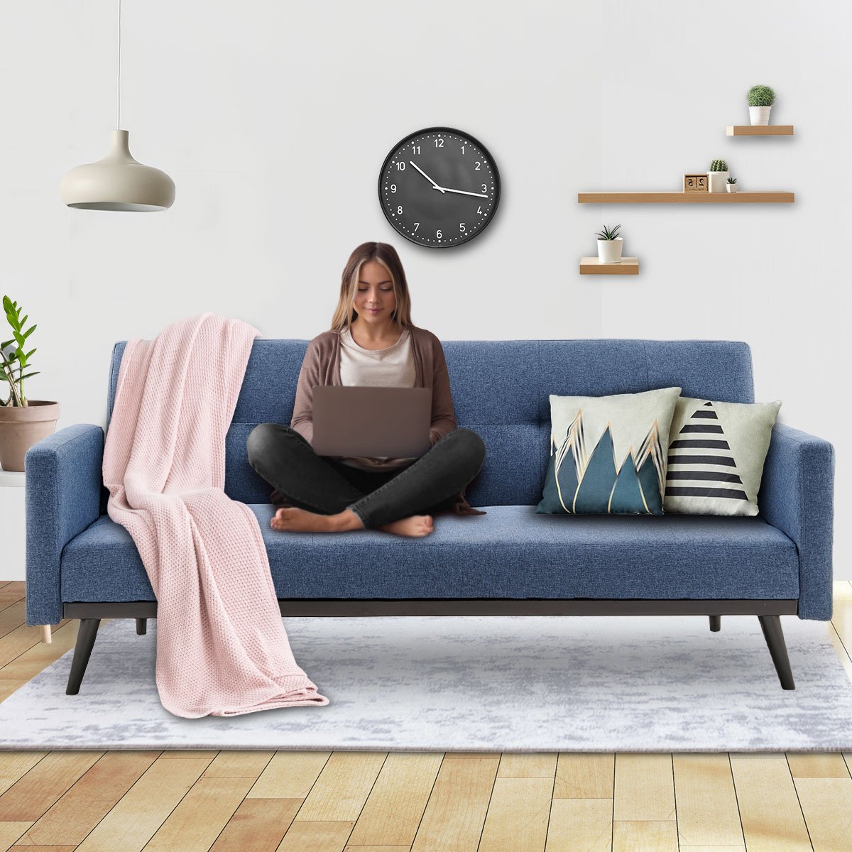 Sarantino Tufted Faux Linen 3-Seater Sofa Bed with Armrests - Blue-Furniture > Sofas-PEROZ Accessories