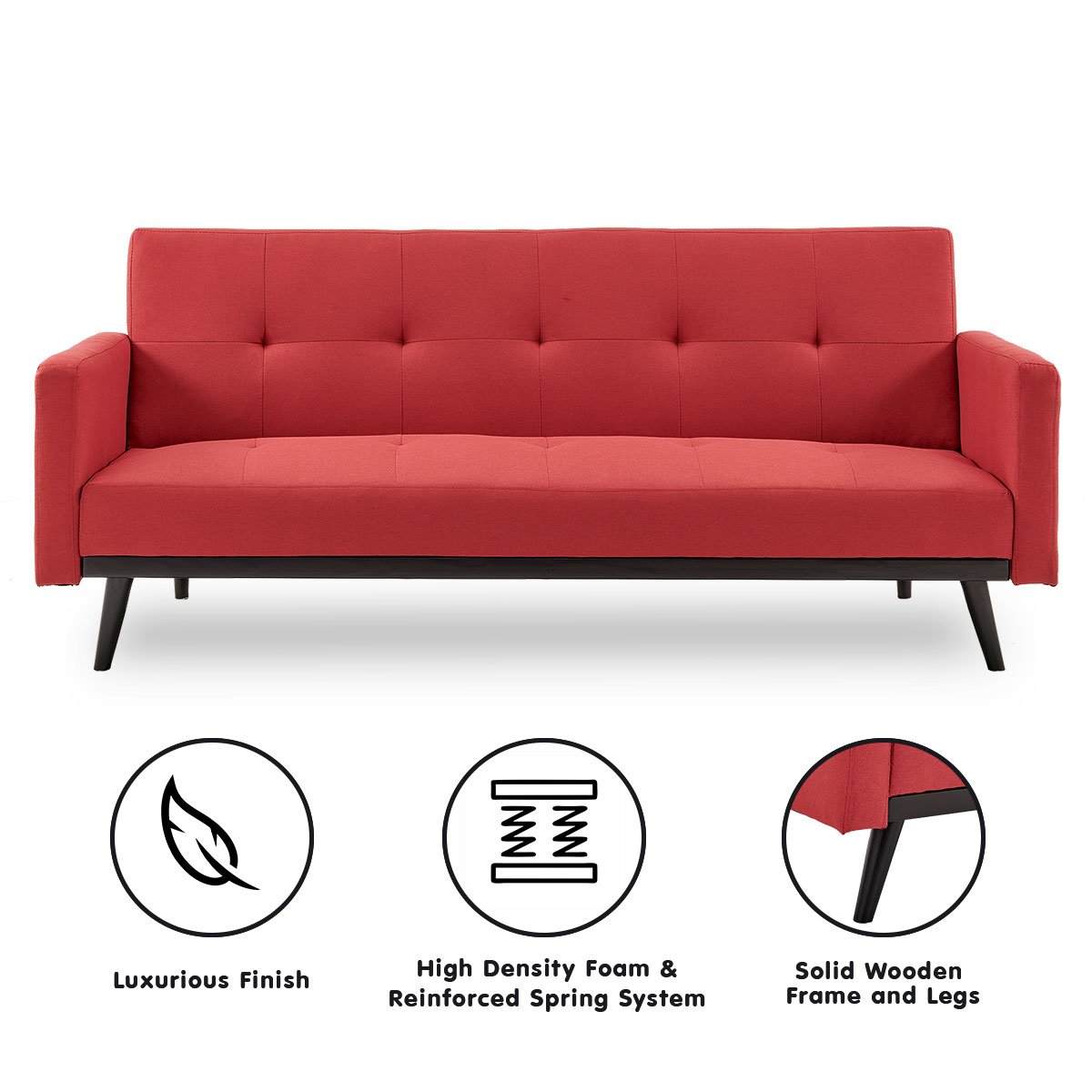 Sarantino Tufted Faux Linen 3-Seater Sofa Bed with Armrests - Red-Furniture > Sofas-PEROZ Accessories