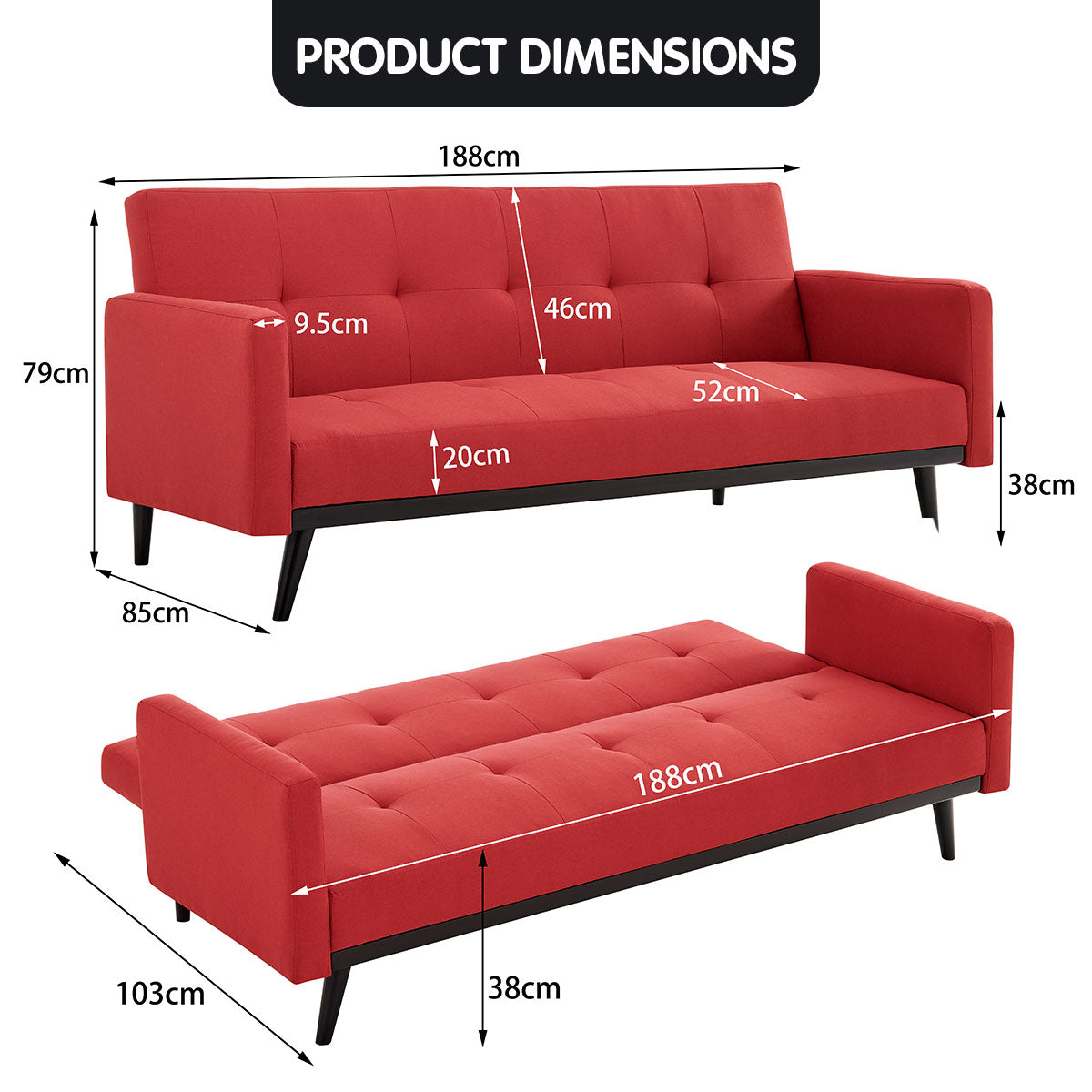 Sarantino Tufted Faux Linen 3-Seater Sofa Bed with Armrests - Red-Furniture > Sofas-PEROZ Accessories