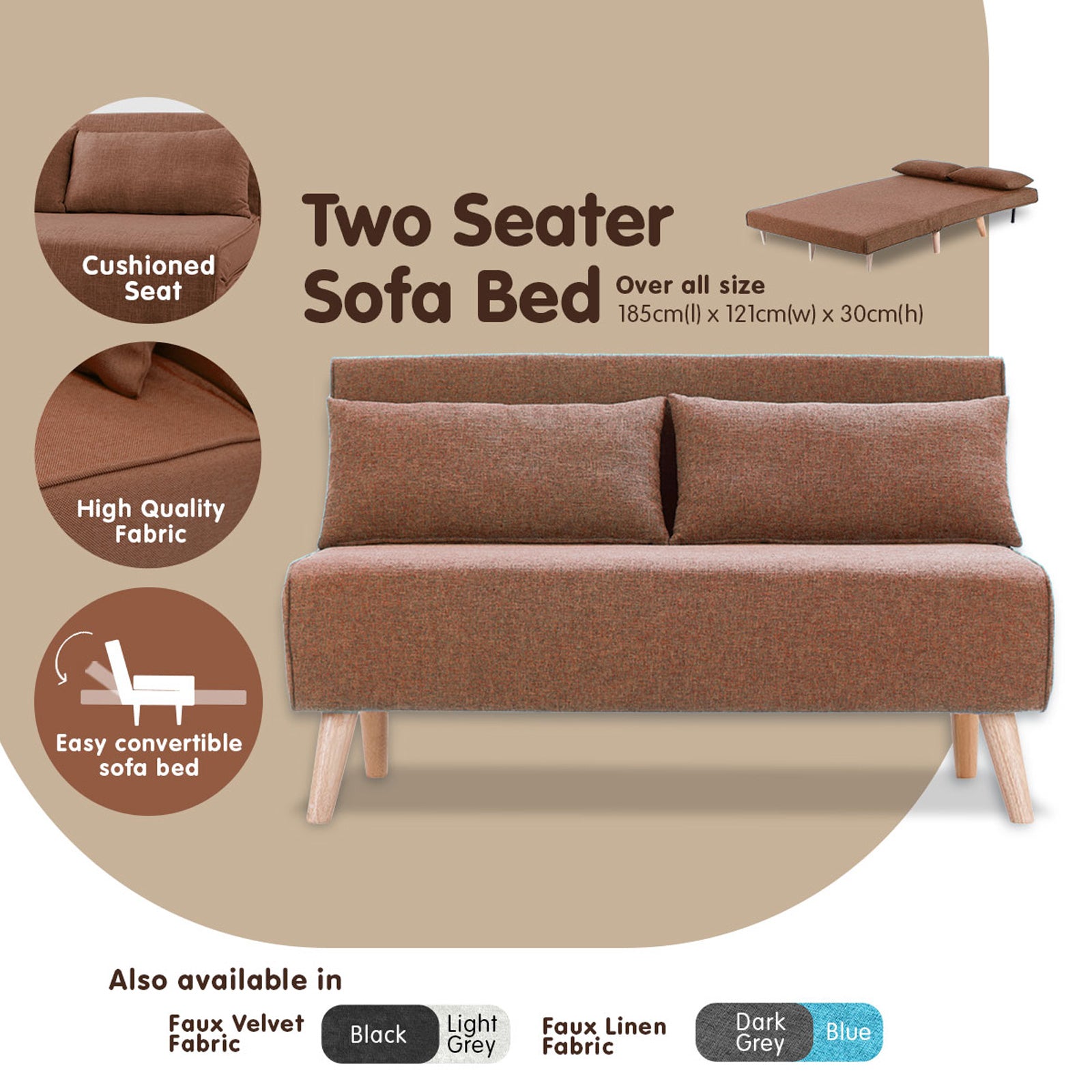 Sarantino 2-Seater Adjustable Sofa Bed Lounge Faux Linen - Brown-Furniture > Sofas-PEROZ Accessories