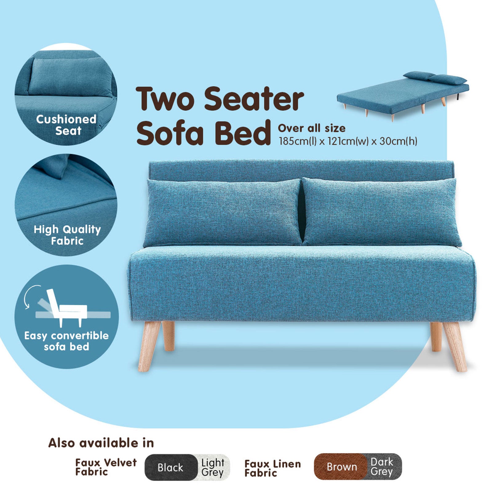Sarantino Adjustable Corner Sofa 2-Seater Lounge Linen Bed Seat - Blue-Furniture > Sofas-PEROZ Accessories