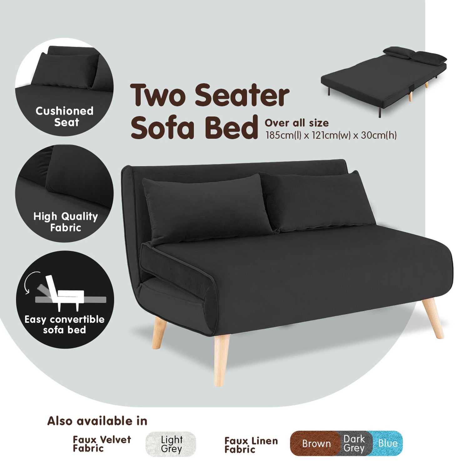Sarantino 2-Seater Adjustable Sofa Bed Lounge Faux Velvet - Black-Furniture > Sofas-PEROZ Accessories