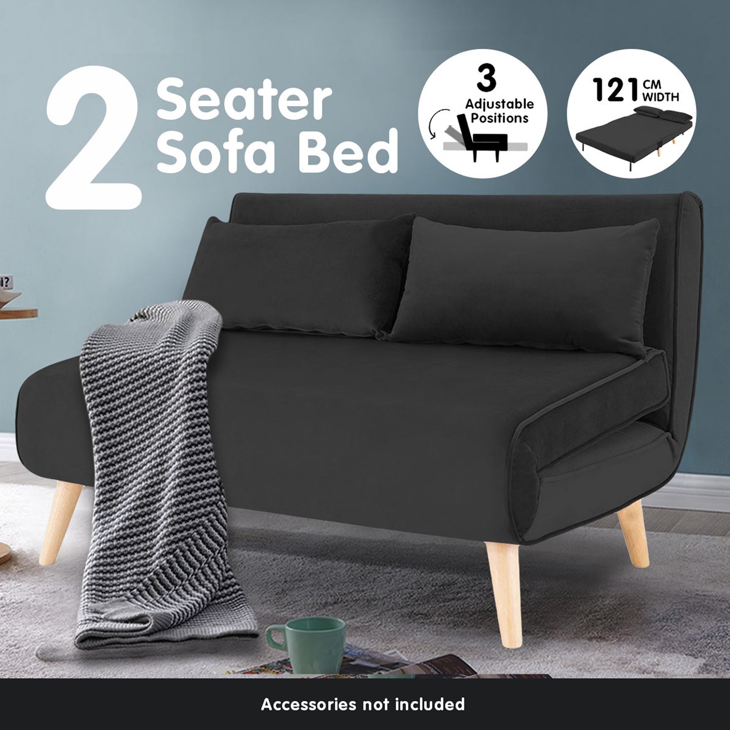 Sarantino 2-Seater Adjustable Sofa Bed Lounge Faux Velvet - Black-Furniture > Sofas-PEROZ Accessories