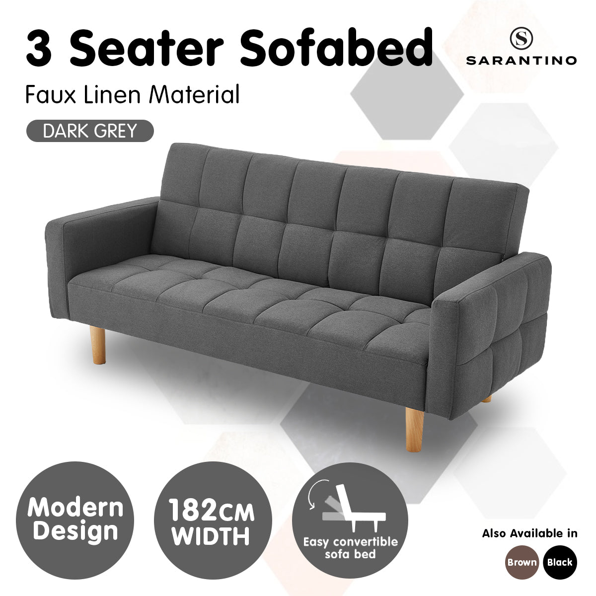 Sarantino 3-Seater Fabric Sofa Bed Futon - Dark Grey-Furniture > Sofas-PEROZ Accessories