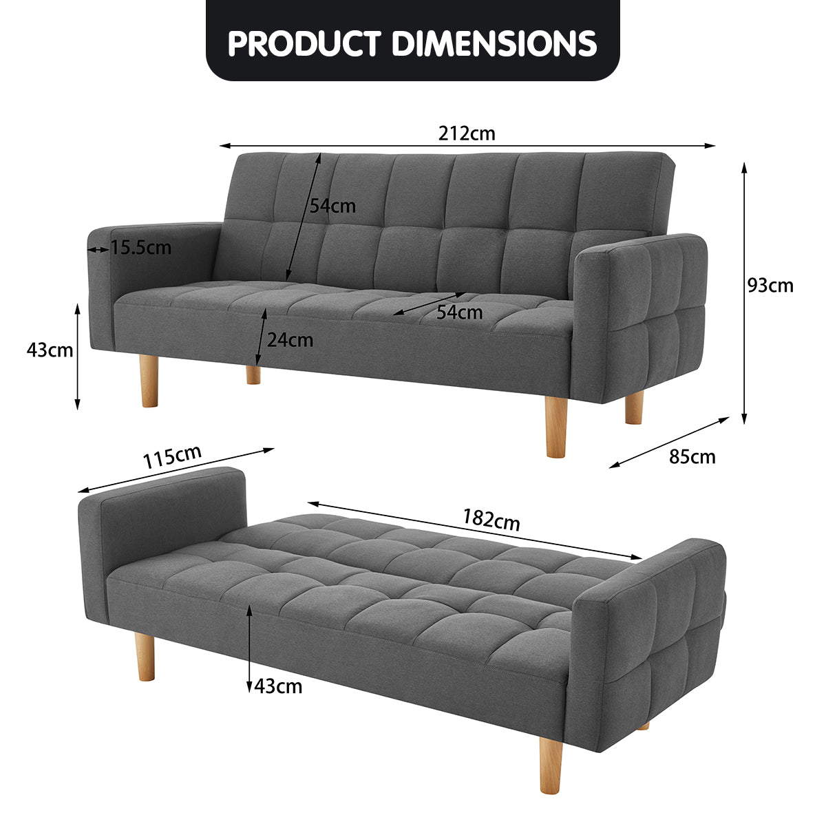 Sarantino 3-Seater Fabric Sofa Bed Futon - Dark Grey-Furniture > Sofas-PEROZ Accessories