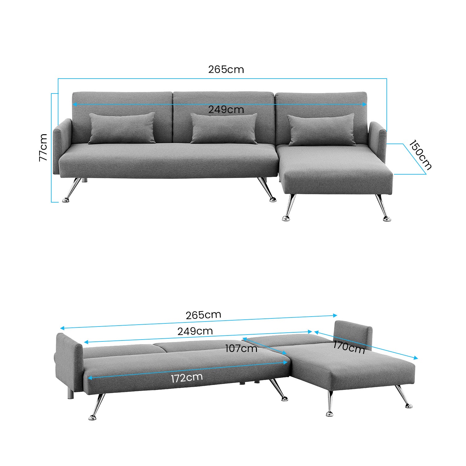 Sarantino Mia 3-Seater Corner Sofa Bed Chaise and Pillows Dark Grey-Furniture > Sofas-PEROZ Accessories