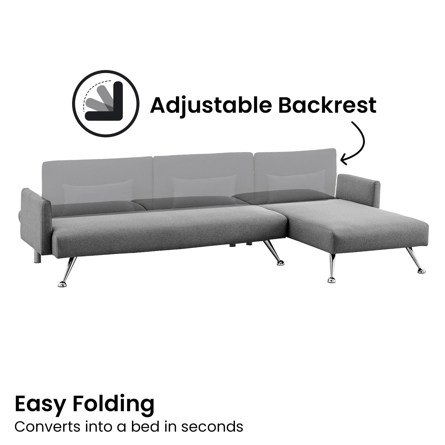 Sarantino Mia 3-Seater Corner Sofa Bed Chaise and Pillows Dark Grey-Furniture > Sofas-PEROZ Accessories