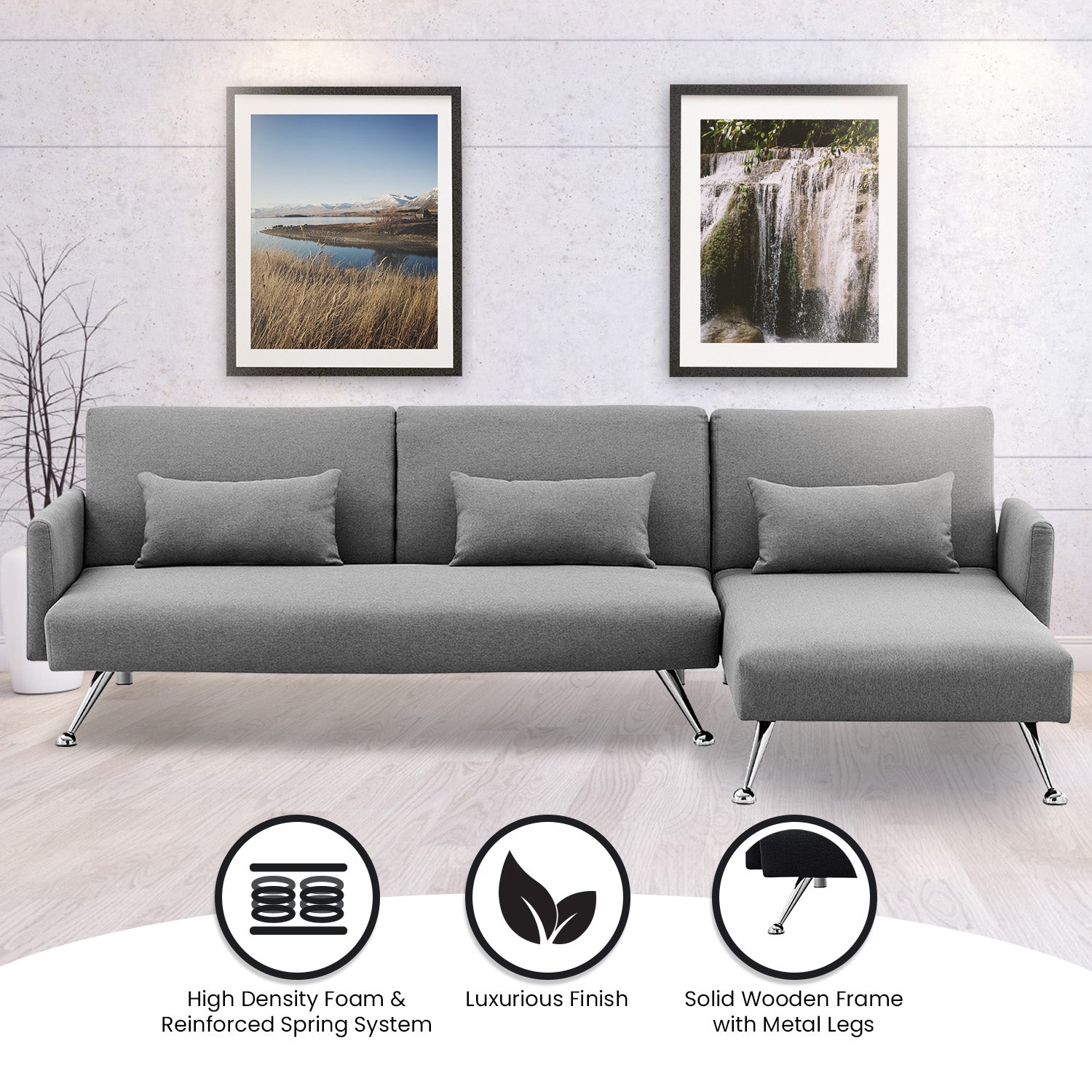 Sarantino Mia 3-Seater Corner Sofa Bed Chaise and Pillows Dark Grey-Furniture > Sofas-PEROZ Accessories