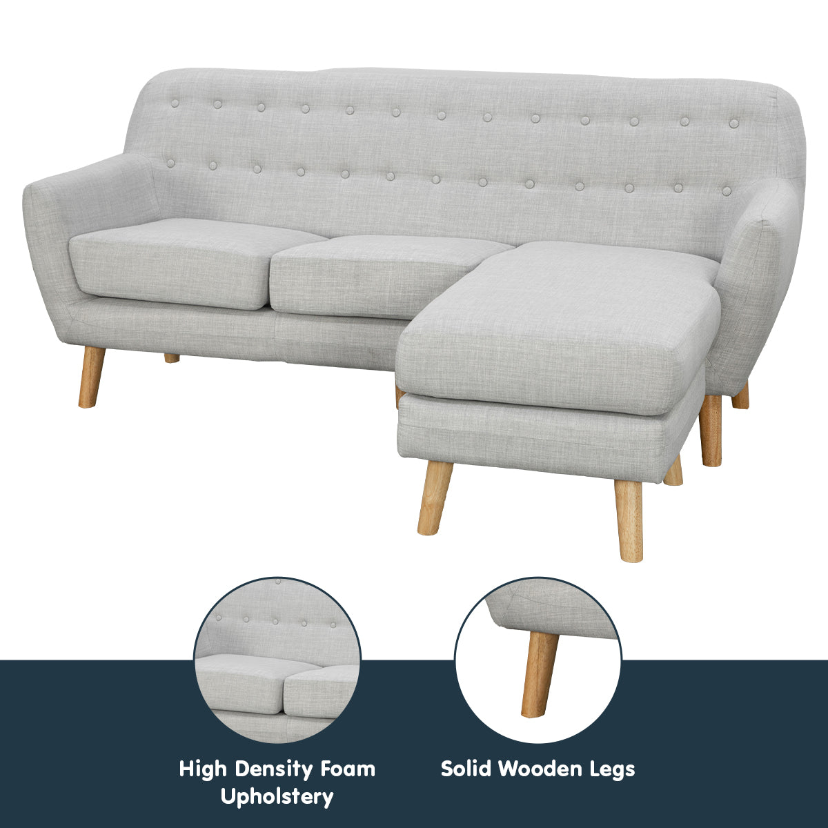 Sarantino Linen Corner Wooden Sofa Lounge L-shaped with Left Chaise Light Grey-Furniture > Sofas-PEROZ Accessories
