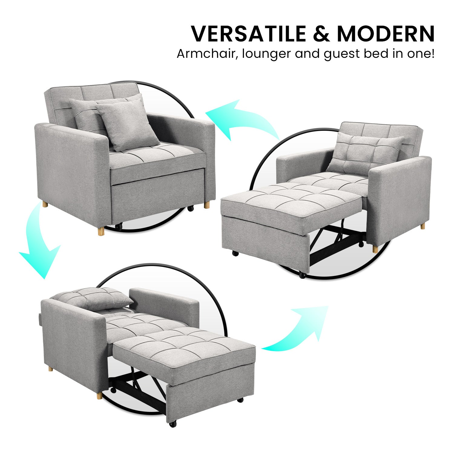 Sarantino Suri 3-in-1 Convertible Sofa Chair Bed Lounger - Light Grey-Furniture > Sofas-PEROZ Accessories