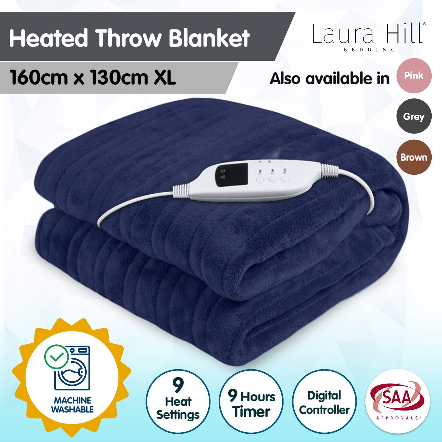 Laura Hill Heated Electric Blanket Coral Warm Fleece Winter Blue-Home & Garden > Bedding-PEROZ Accessories