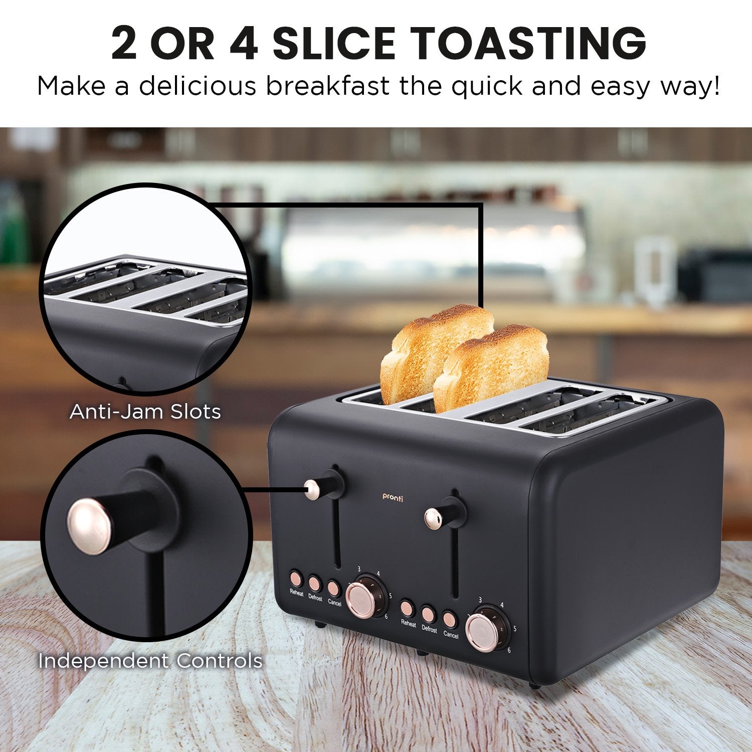 Pronti 4 Slice Toaster Rose Trim Collection - Black-Appliances > Kitchen Appliances-PEROZ Accessories