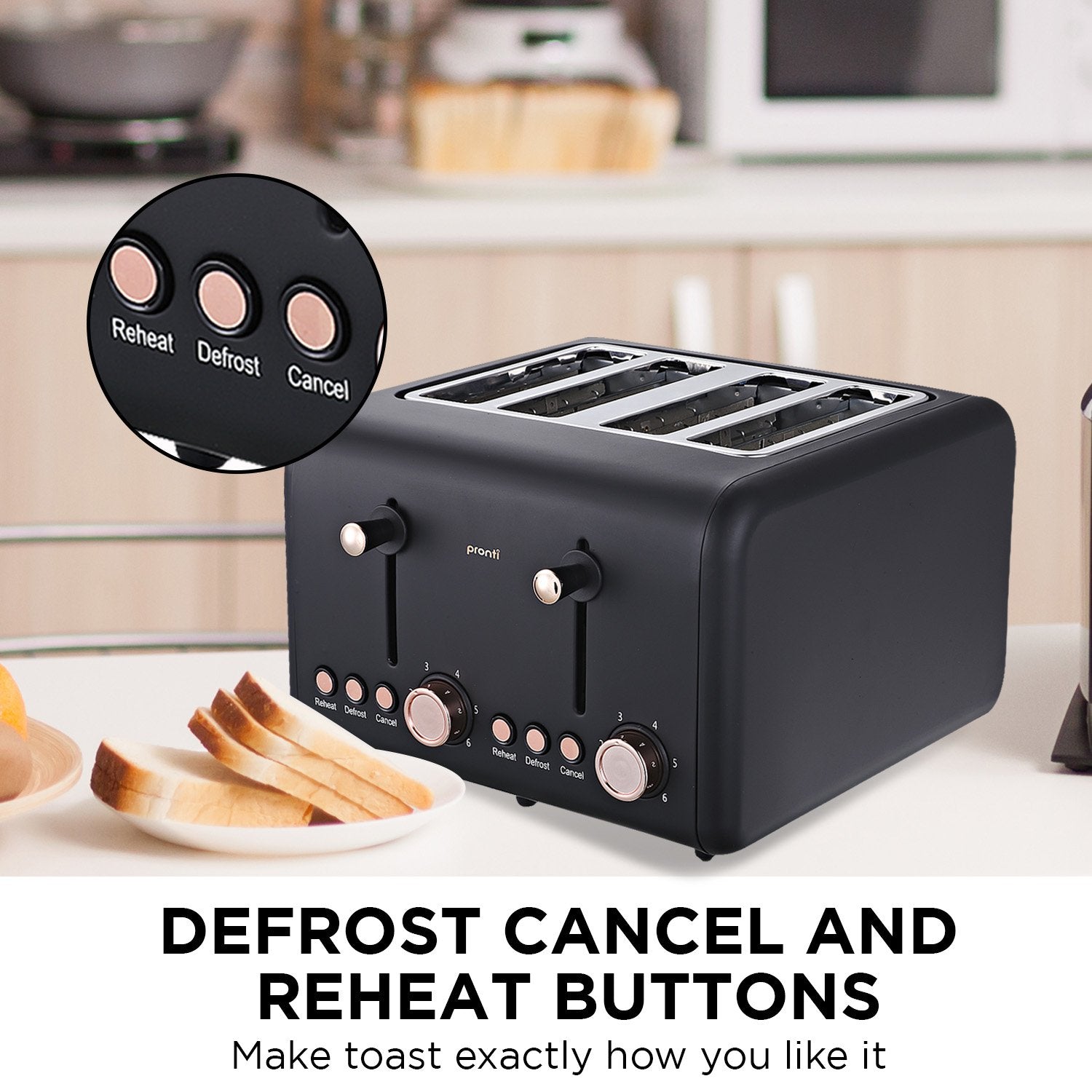 Pronti 4 Slice Toaster Rose Trim Collection - Black-Appliances > Kitchen Appliances-PEROZ Accessories