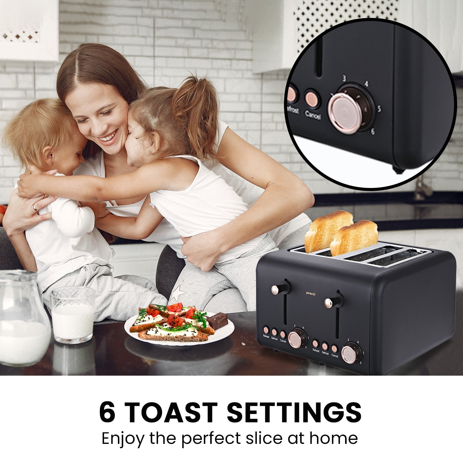 Pronti 4 Slice Toaster Rose Trim Collection - Black-Appliances > Kitchen Appliances-PEROZ Accessories