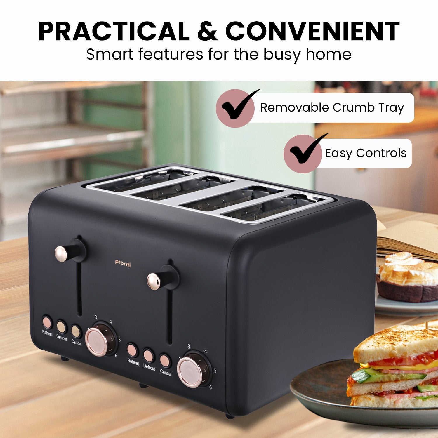 Pronti 4 Slice Toaster Rose Trim Collection - Black-Appliances > Kitchen Appliances-PEROZ Accessories