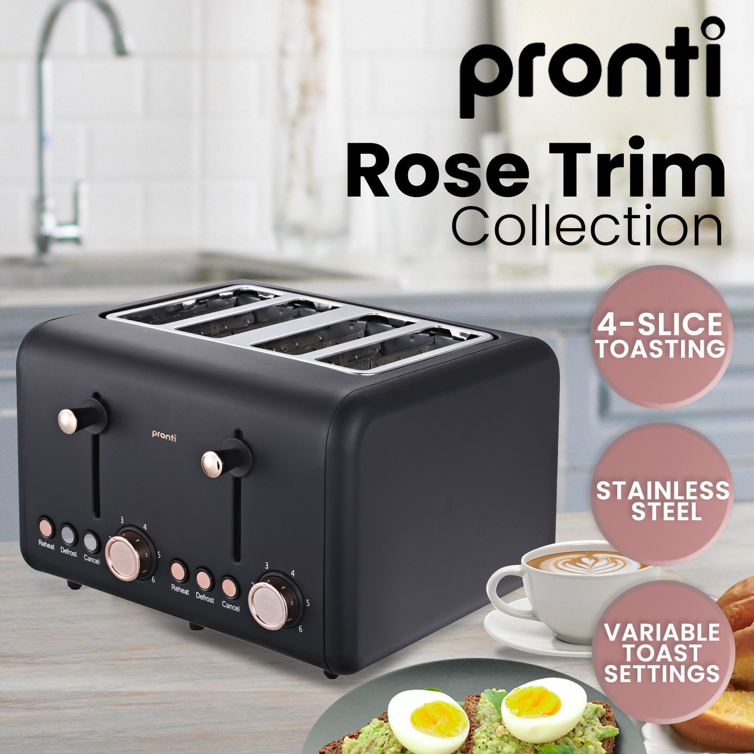 Pronti 4 Slice Toaster Rose Trim Collection - Black-Appliances > Kitchen Appliances-PEROZ Accessories
