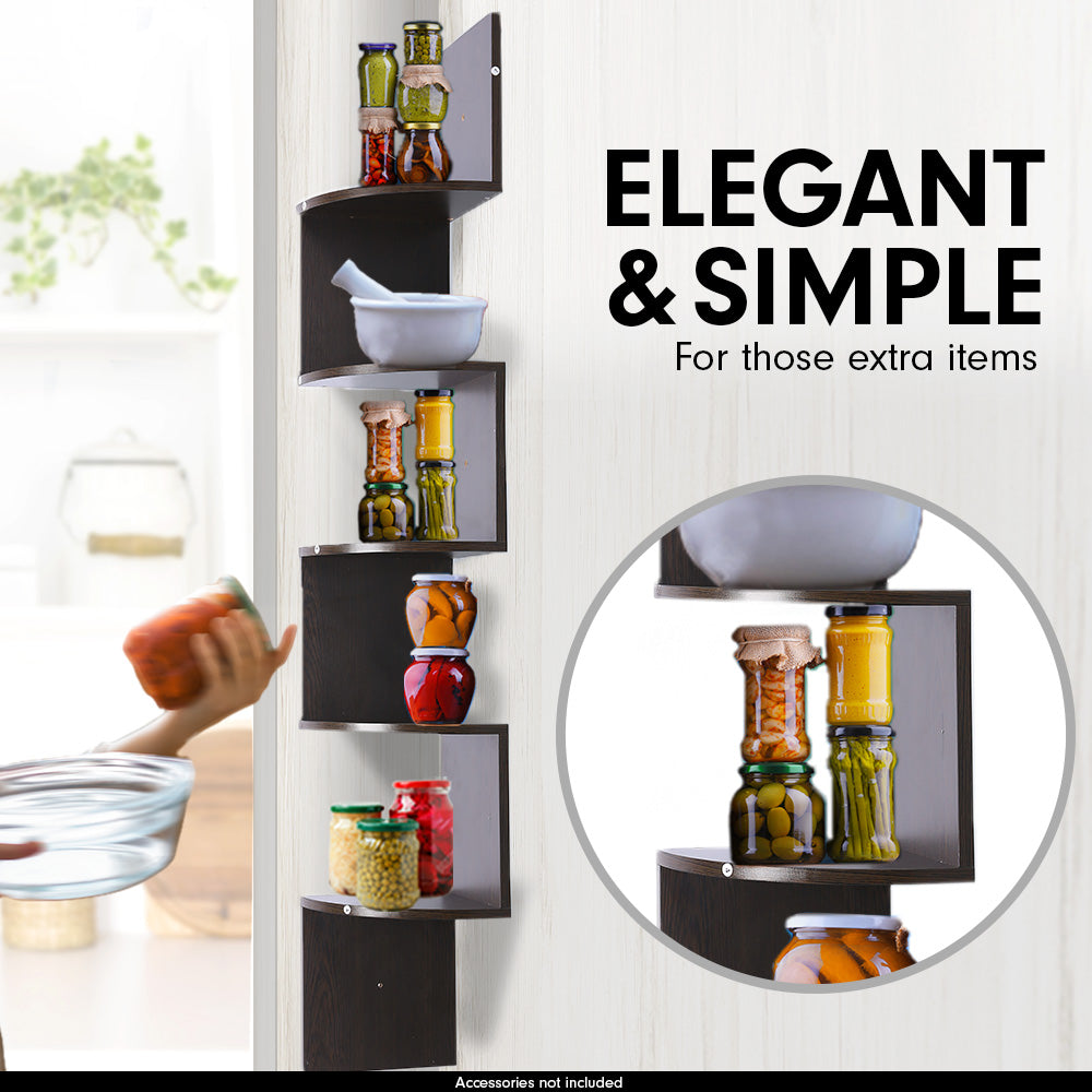 Sarantino 5 Tier Corner Wall Shelf Display Shelves Dvd Book Storage Rack Floating Mounted - Dark Brown-Furniture > Living Room-PEROZ Accessories