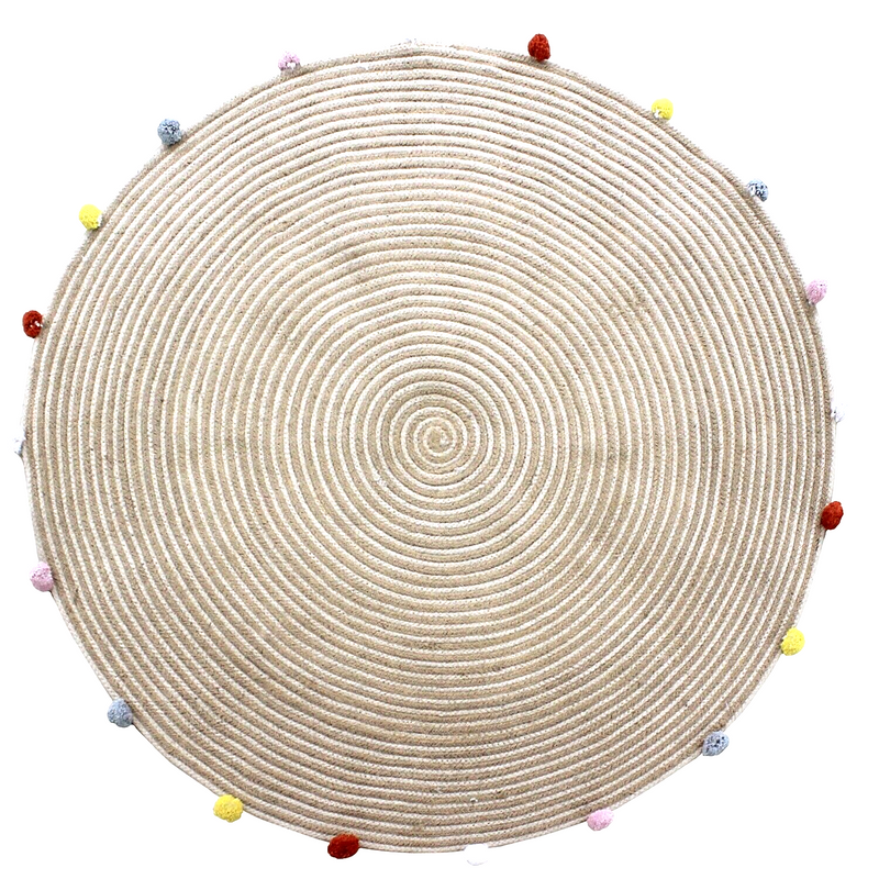 Round Woven Jute Cotton Multicolour Pompom Rug 120 cm-Home & Garden > Rugs-PEROZ Accessories