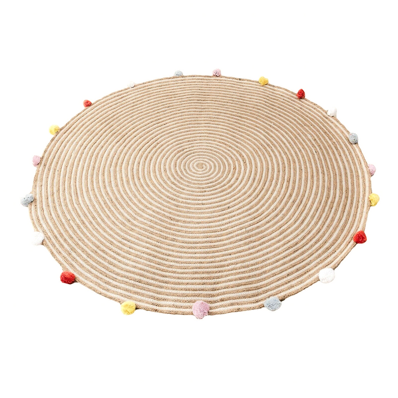 Round Woven Jute Cotton Multicolour Pompom Rug 120 cm-Home & Garden > Rugs-PEROZ Accessories