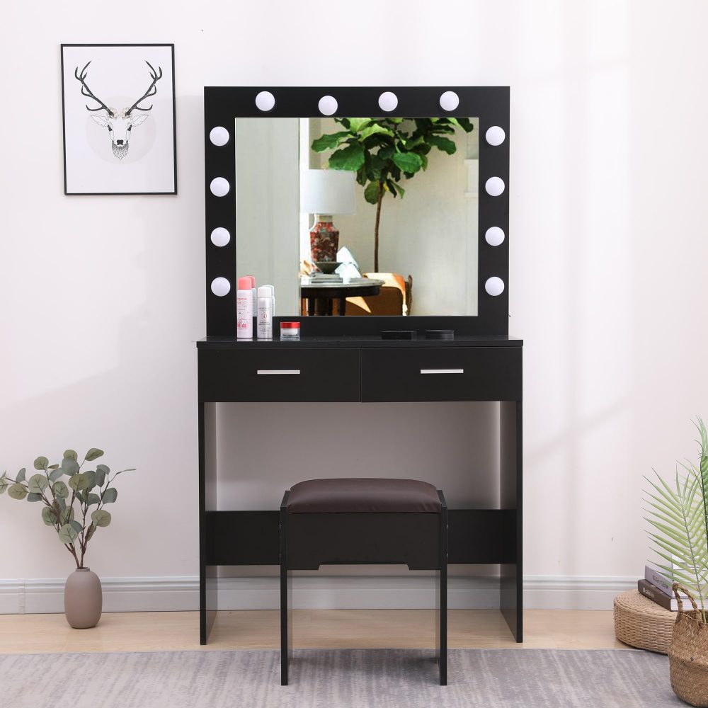 Fidel Vanity Set with Cushioned Stool and Lighted Mirror- Black-Furniture &gt; Bedroom-PEROZ Accessories