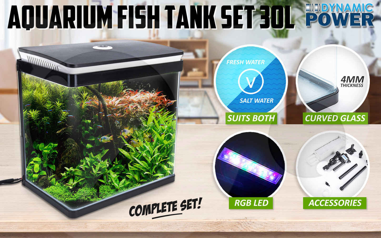 Dynamic Power Aquarium Fish Tank 30L Curved Glass RGB LED-Pet Care > Aquarium-PEROZ Accessories