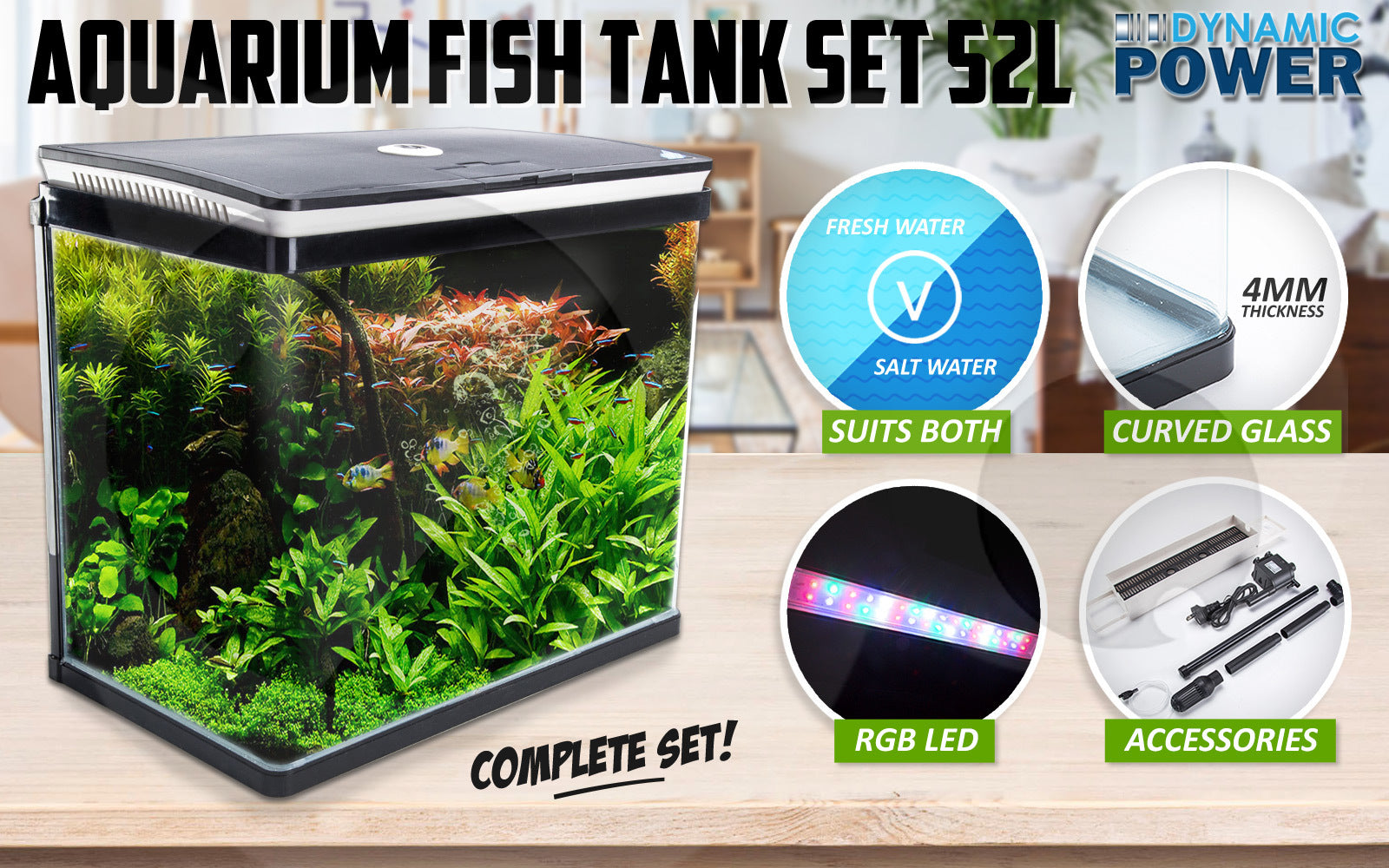 Dynamic Power Aquarium Fish Tank 52L Curved Glass RGB LED-Pet Care > Aquarium-PEROZ Accessories