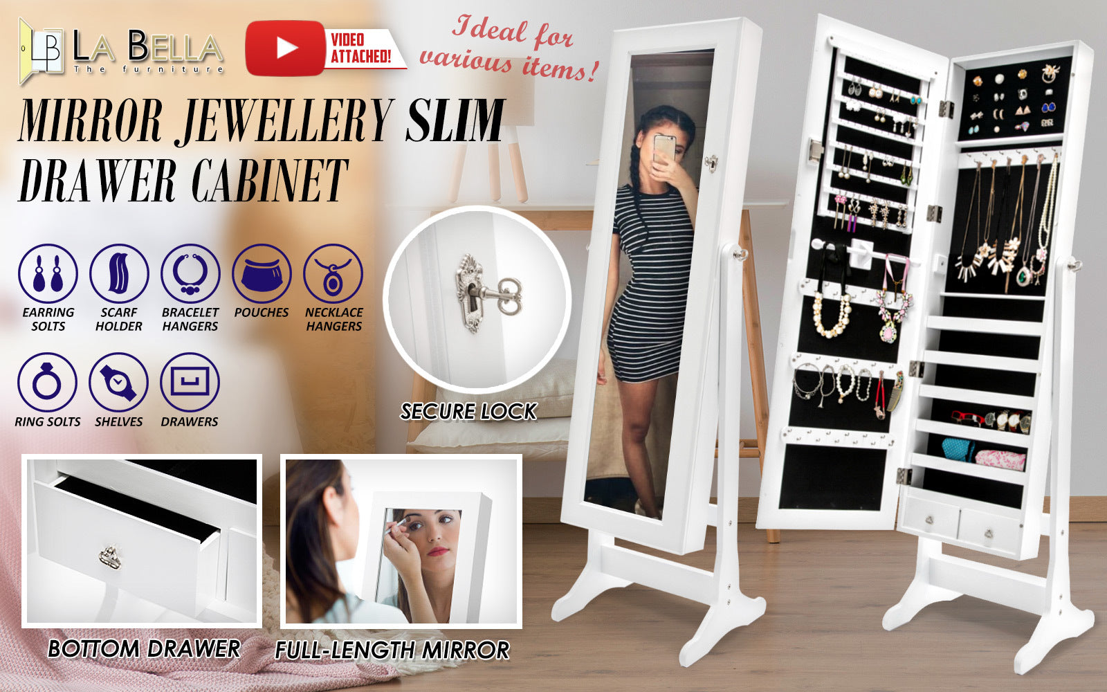 La Bella White Mirror Jewellery Cabinet LOWE 146cm Organiser 2 Drawers-Furniture > Bedroom-PEROZ Accessories