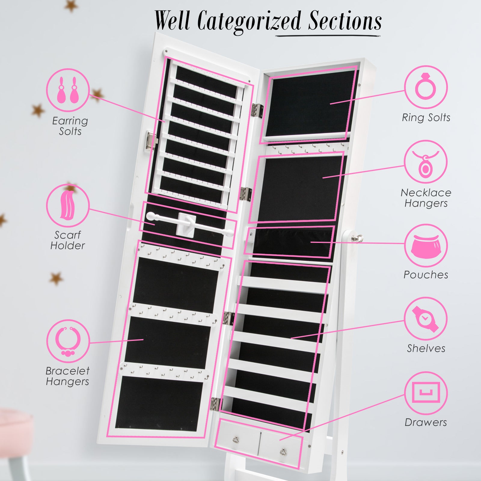 La Bella White Mirror Jewellery Cabinet LOWE 146cm Organiser 2 Drawers-Furniture > Bedroom-PEROZ Accessories
