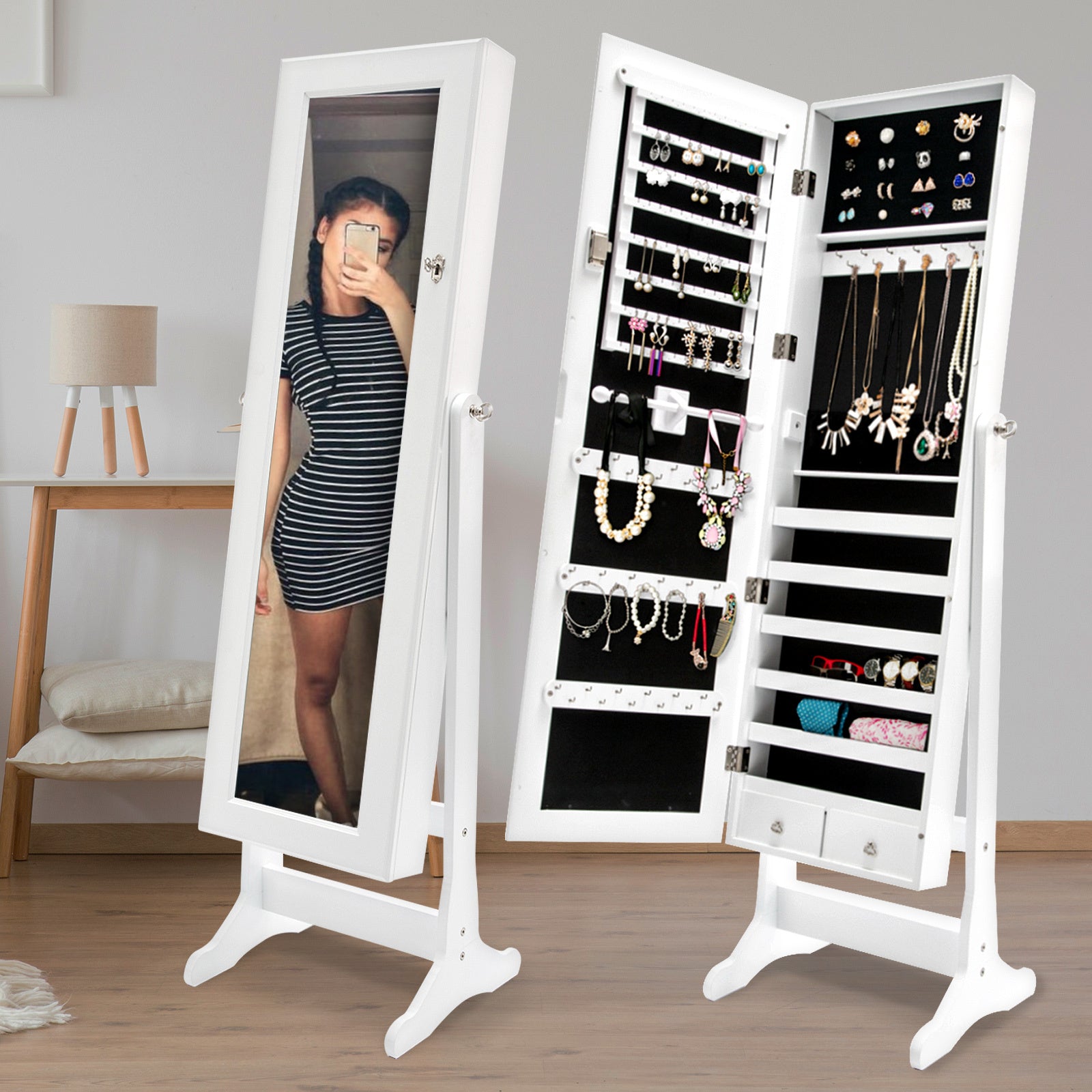 La Bella White Mirror Jewellery Cabinet LOWE 146cm Organiser 2 Drawers-Furniture > Bedroom-PEROZ Accessories