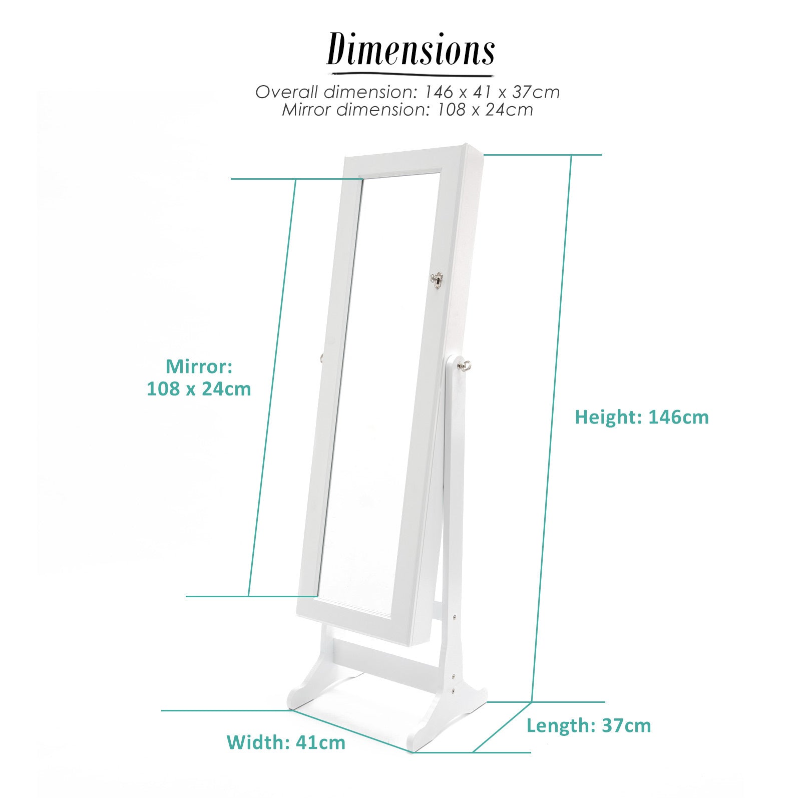 La Bella White Mirror Jewellery Cabinet LOWE 146cm Organiser 2 Drawers-Furniture > Bedroom-PEROZ Accessories