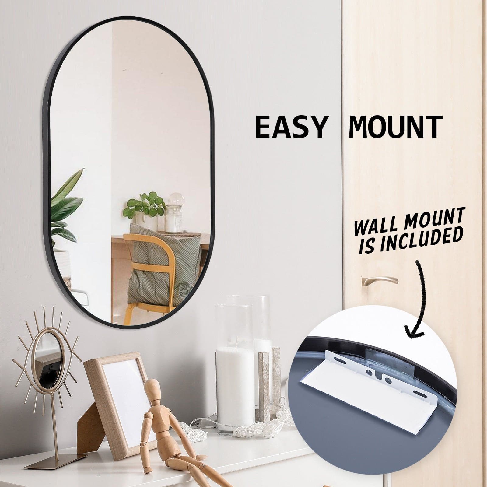 La Bella Black Wall Mirror Oval Aluminum Frame Makeup Decor Bathroom Vanity 50 x 75cm-Health & Beauty > Makeup Mirrors-PEROZ Accessories