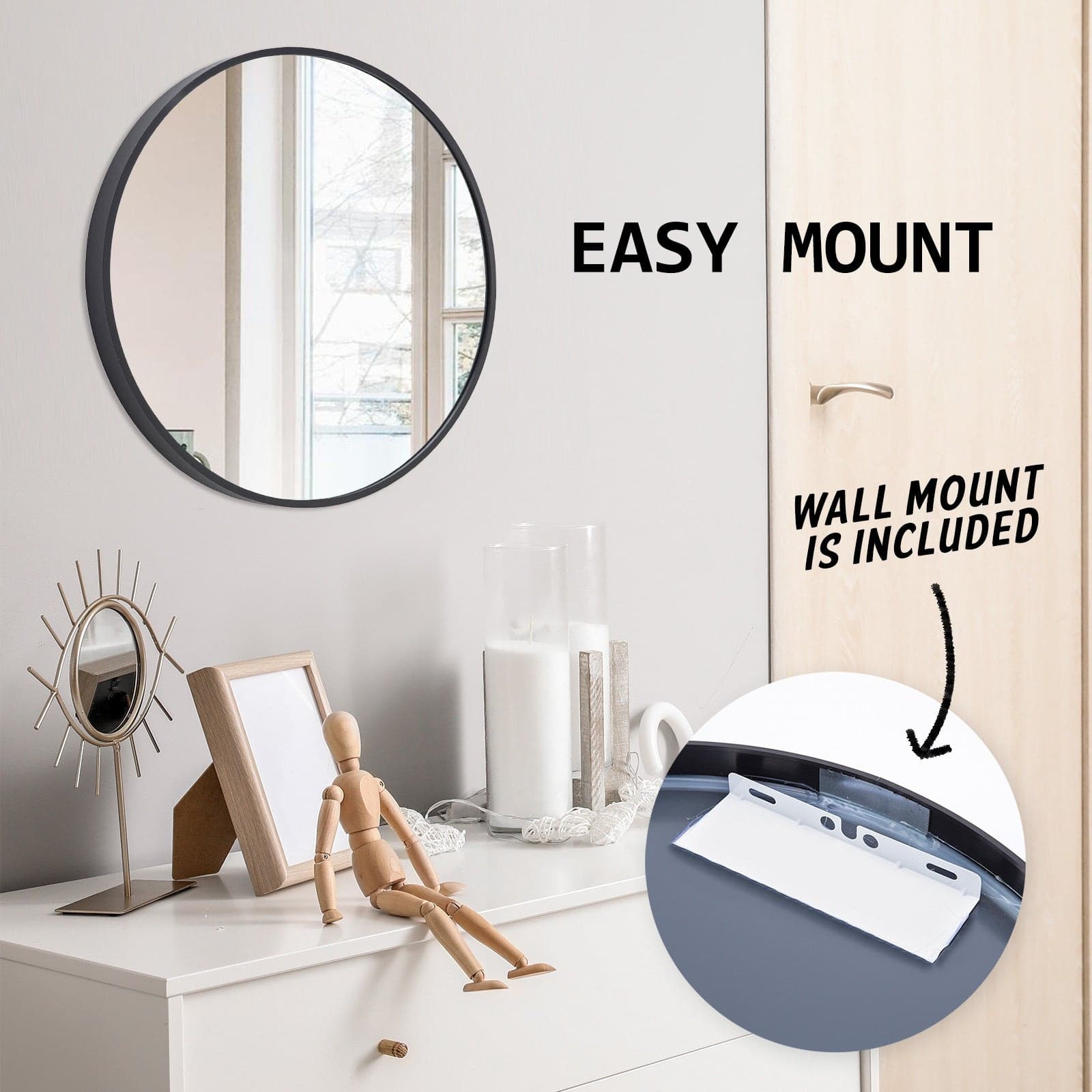 La Bella Black Wall Mirror Round Aluminum Frame Makeup Decor Bathroom Vanity 50cm-Health & Beauty > Makeup Mirrors-PEROZ Accessories