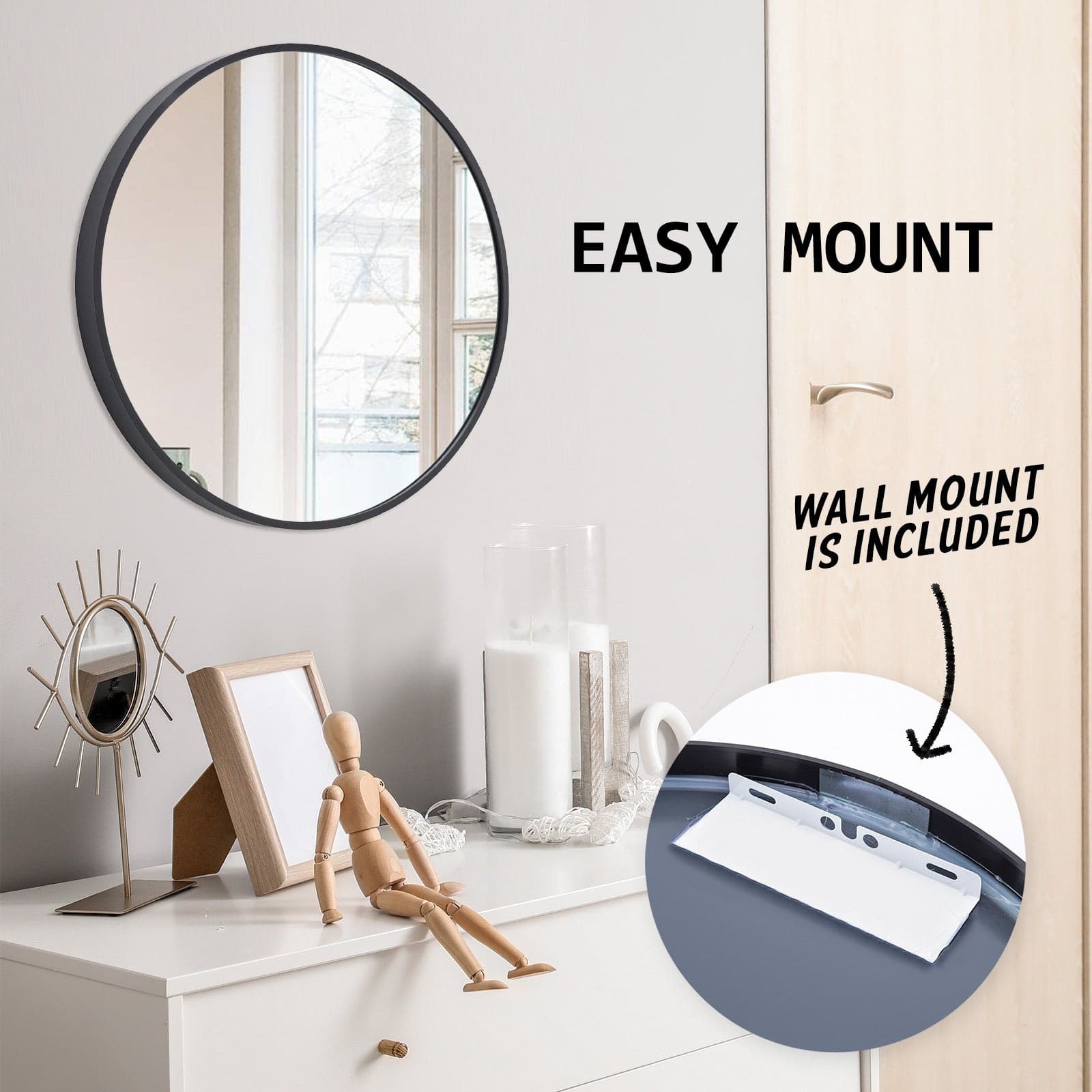 La Bella Black Wall Mirror Round Aluminum Frame Makeup Decor Bathroom Vanity 60cm-Health & Beauty > Makeup Mirrors-PEROZ Accessories