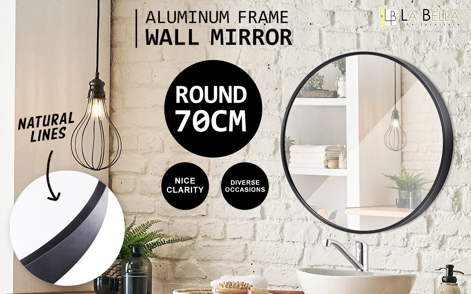 La Bella Black Wall Mirror Round Aluminum Frame Makeup Decor Bathroom Vanity 70cm-Health & Beauty > Makeup Mirrors-PEROZ Accessories