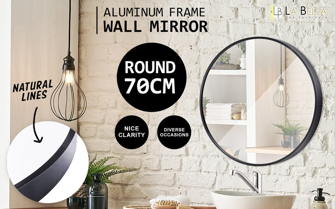 La Bella Black Wall Mirror Round Aluminum Frame Makeup Decor Bathroom Vanity 70cm-Health &amp; Beauty &gt; Makeup Mirrors-PEROZ Accessories