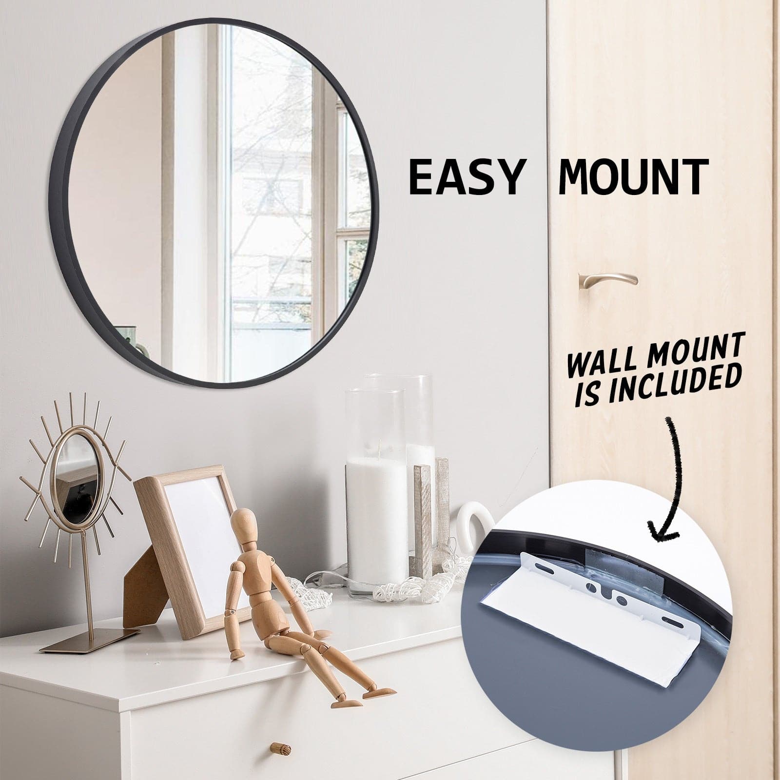 La Bella Black Wall Mirror Round Aluminum Frame Makeup Decor Bathroom Vanity 70cm-Health & Beauty > Makeup Mirrors-PEROZ Accessories