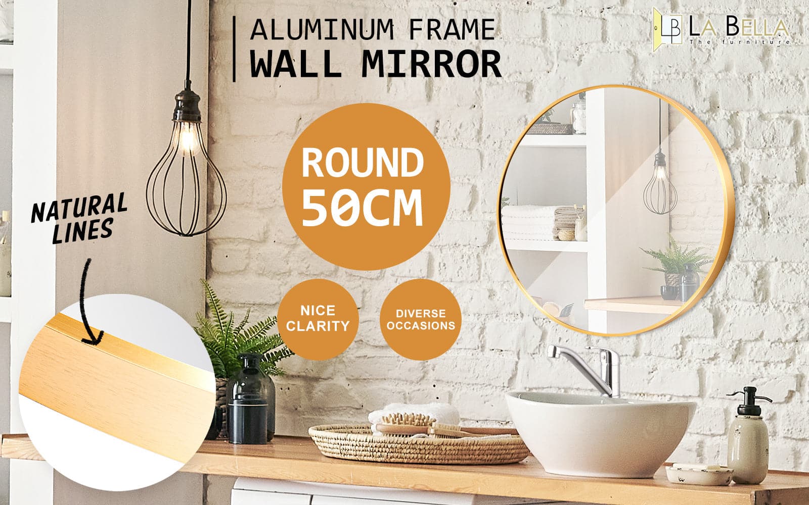 La Bella Gold Wall Mirror Round Aluminum Frame Makeup Decor Bathroom Vanity 50cm-Health & Beauty > Makeup Mirrors-PEROZ Accessories