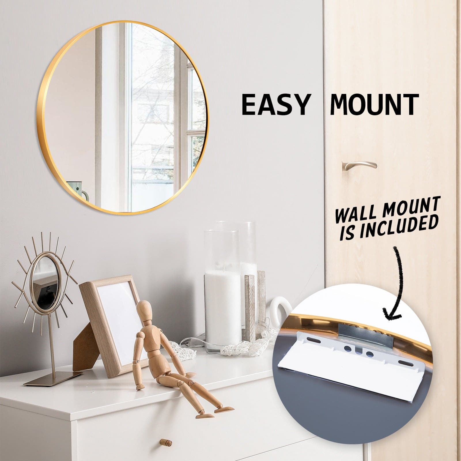 La Bella Gold Wall Mirror Round Aluminum Frame Makeup Decor Bathroom Vanity 50cm-Health & Beauty > Makeup Mirrors-PEROZ Accessories