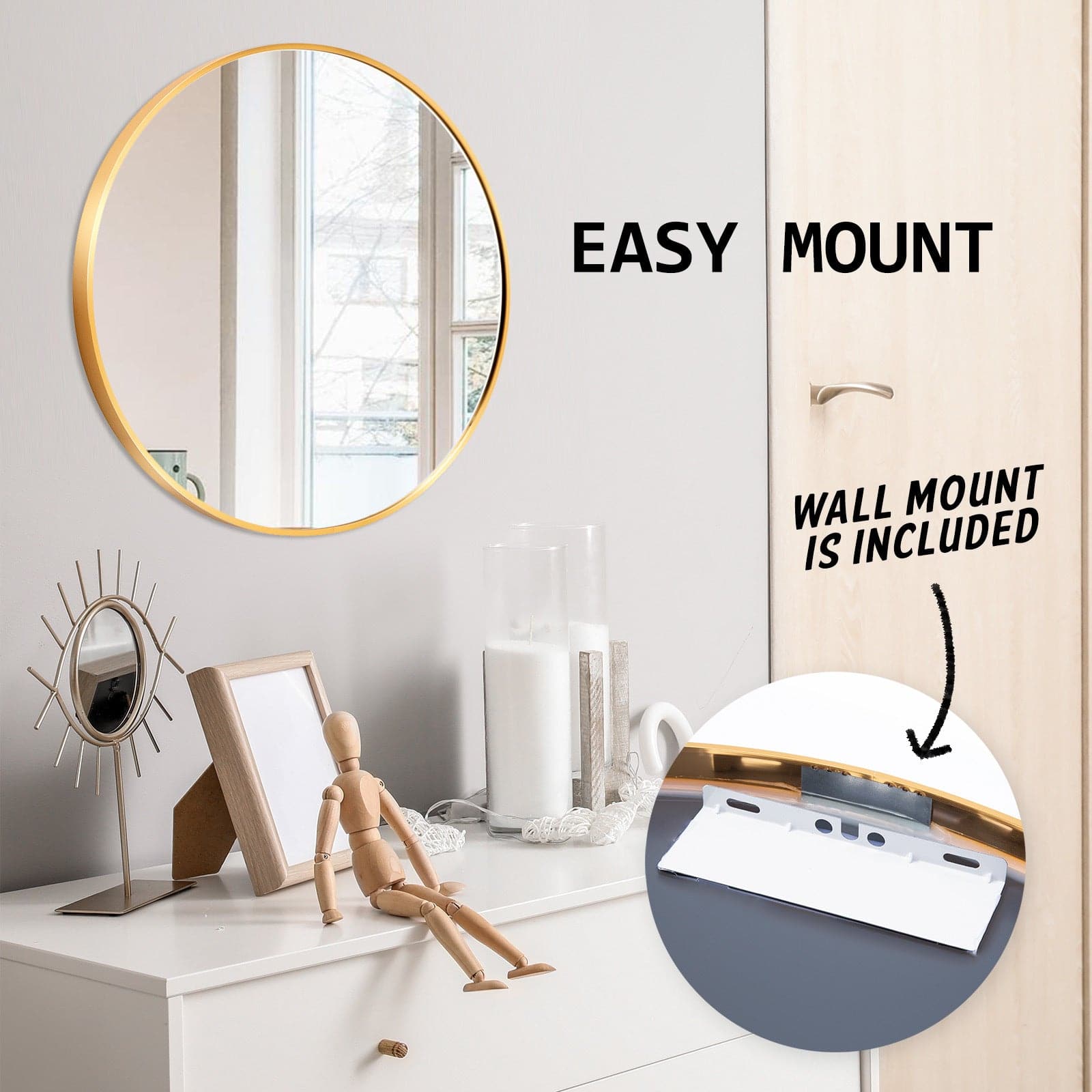 La Bella Gold Wall Mirror Round Aluminum Frame Makeup Decor Bathroom Vanity 60cm-Health & Beauty > Makeup Mirrors-PEROZ Accessories