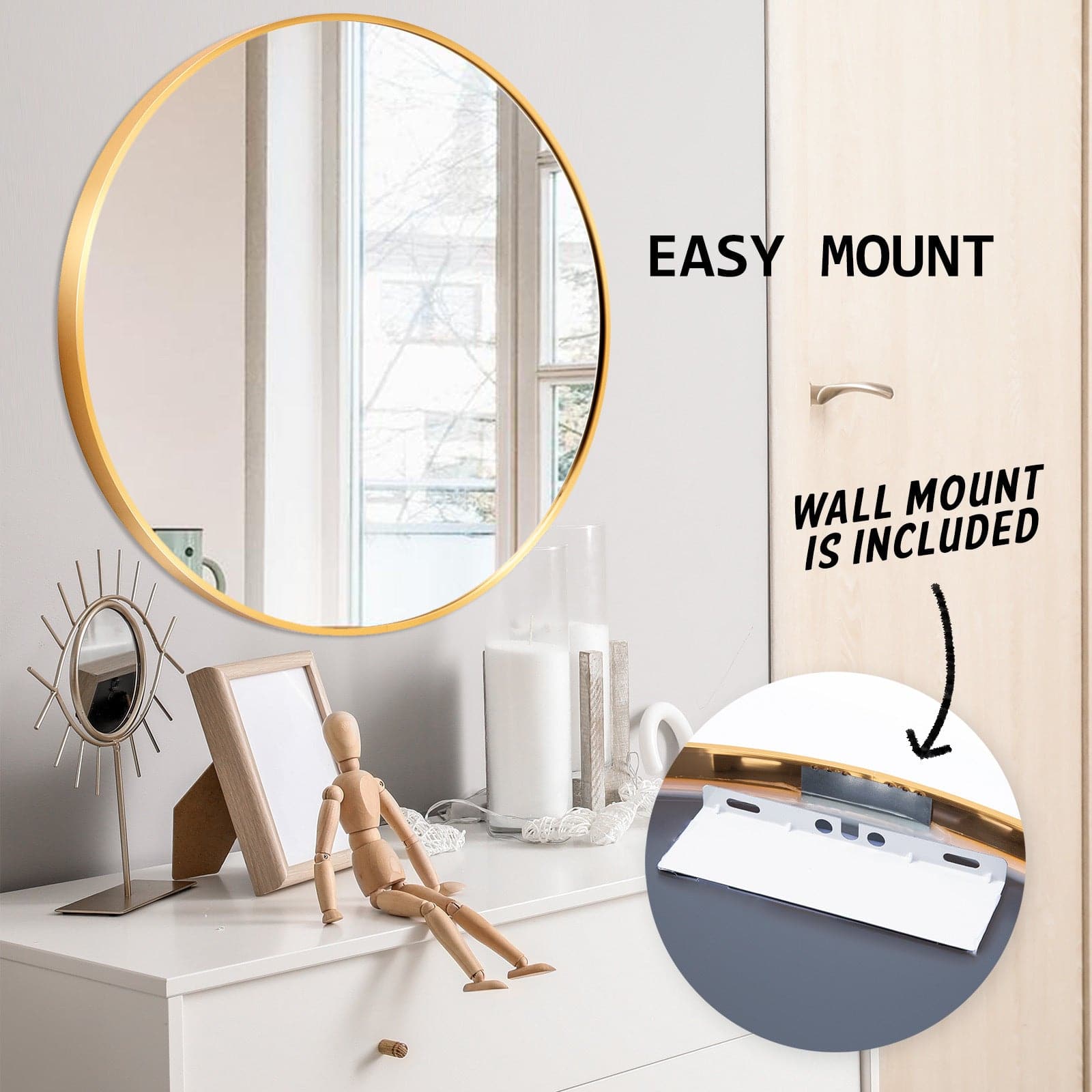 La Bella Gold Wall Mirror Round Aluminum Frame Makeup Decor Bathroom Vanity 80cm-Health & Beauty > Makeup Mirrors-PEROZ Accessories