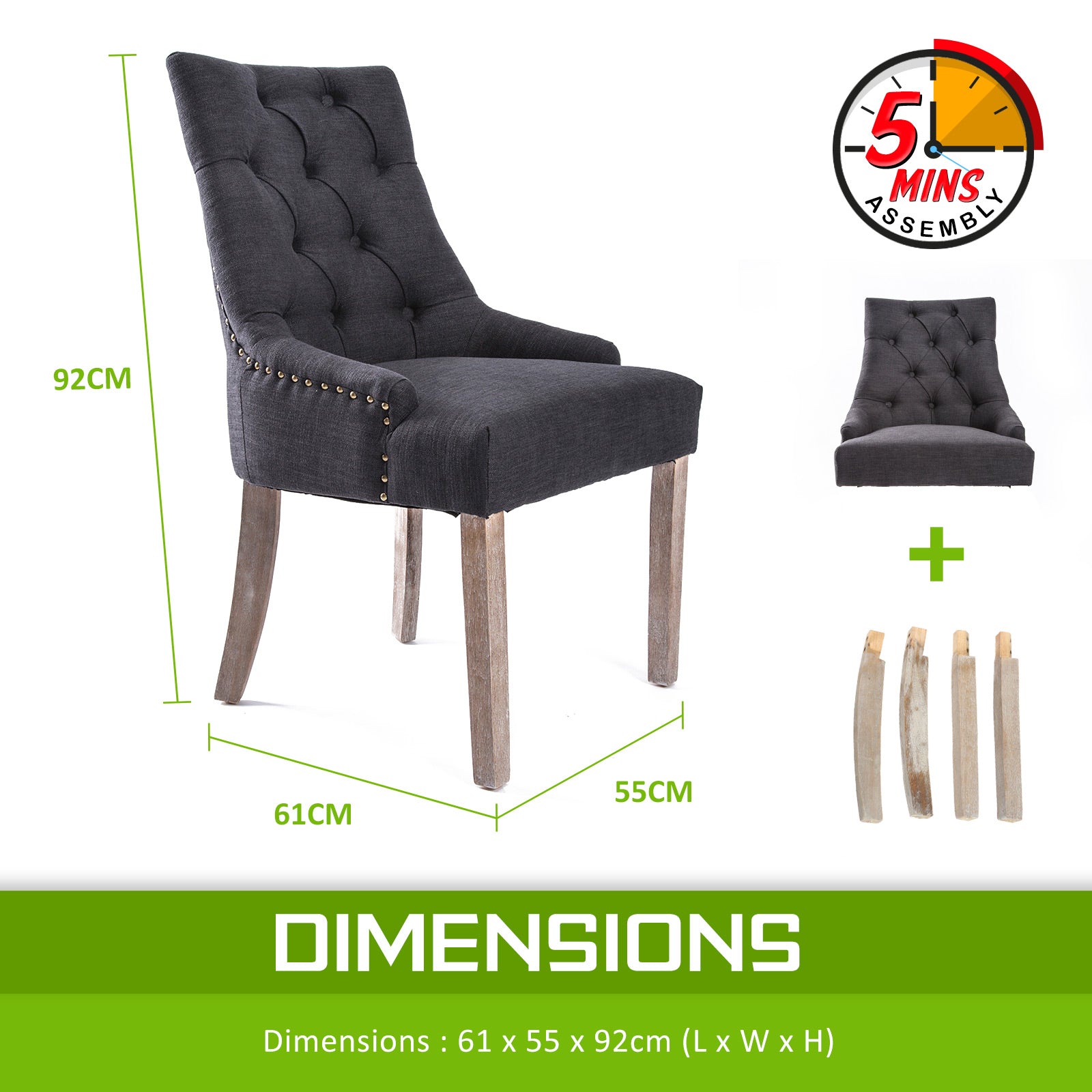 La Bella Black (Charcoal) French Provincial Dining Chair Amour Oak Leg-Furniture > Bar Stools & Chairs-PEROZ Accessories