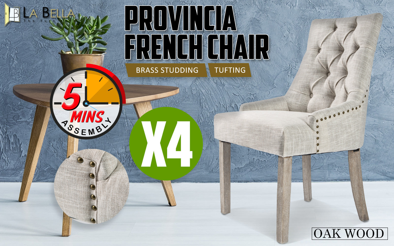 La Bella 4 Set Cream French Provincial Dining Chair Amour Oak Leg-Furniture > Bar Stools & Chairs-PEROZ Accessories