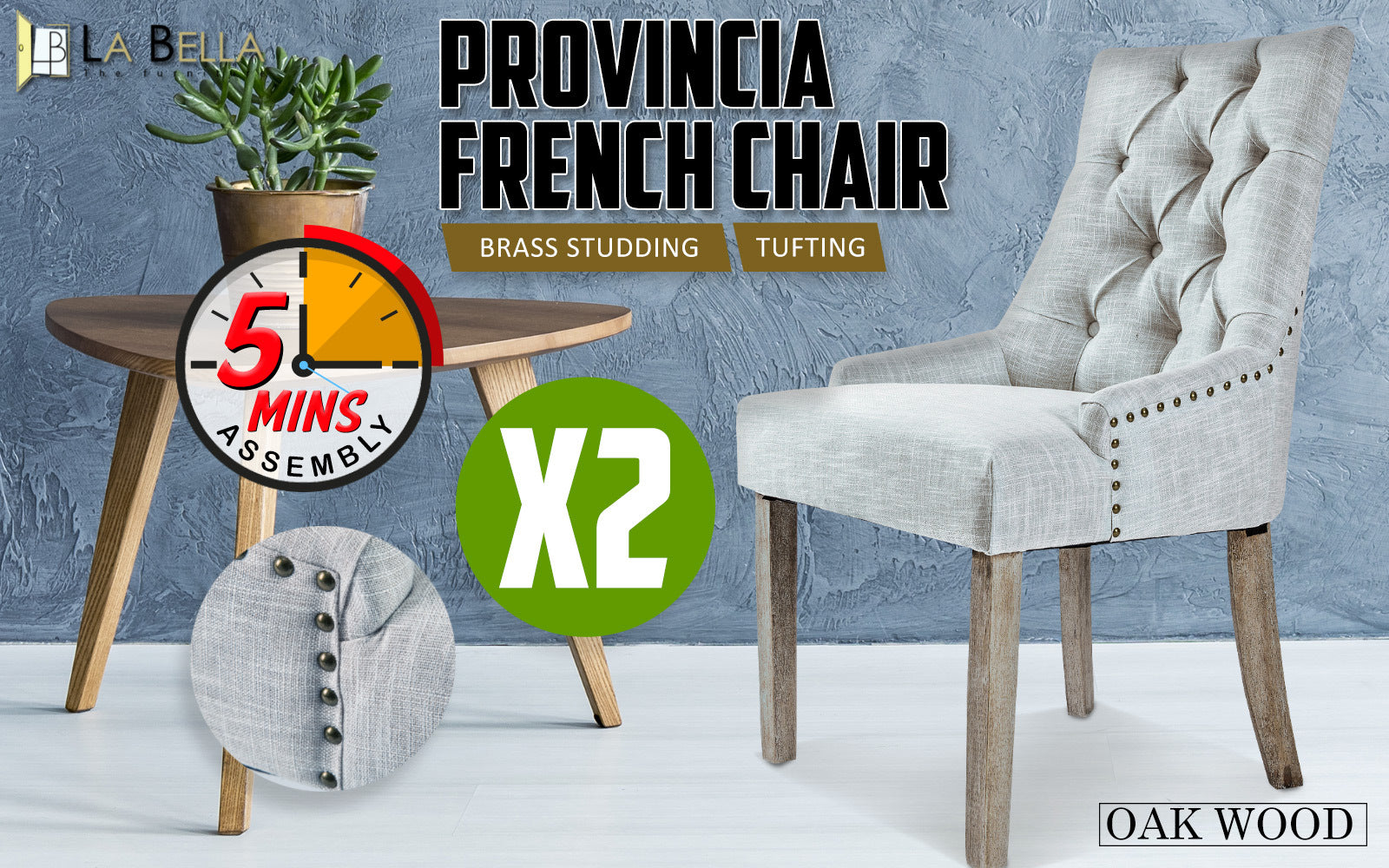 La Bella 2 Set Grey French Provincial Dining Chair Amour Oak Leg-Furniture > Bar Stools & Chairs-PEROZ Accessories